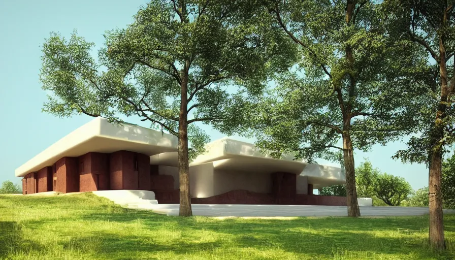 Image similar to modern temple house inspired by tibetan architecture, on a green hill between trees, frank lloyd wright, artstation