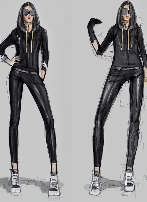 Image similar to a conceptual fashion sketch of a girl wearing a chloma designed anorak with skinny legs and futuristic leggings