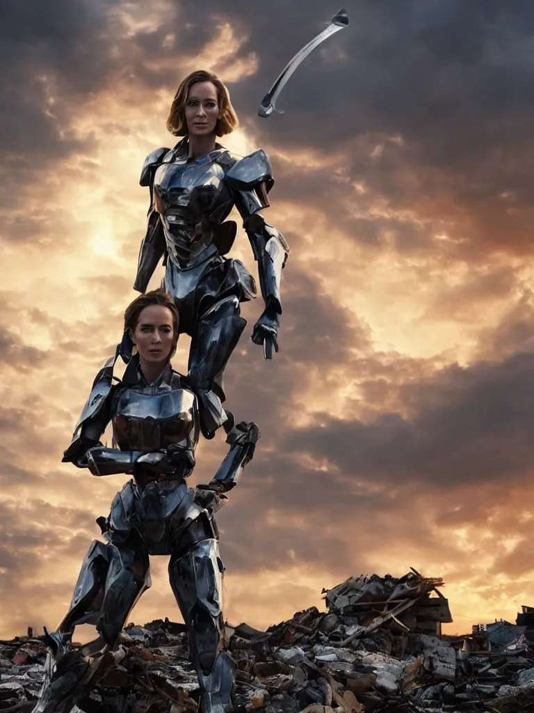 Image similar to emily blunt in futuristic power armor, by herself, holding a sword, standing atop a pile of rubble, sunset and big clouds behind her