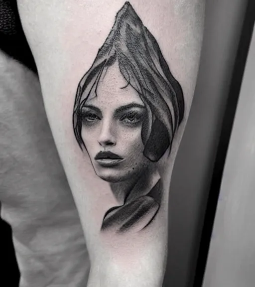 Image similar to tattoo design sketch of a beautiful girl with, faded mountain background, in the style of den yakovlev, black and white, realism tattoo, hyper realistic, highly detailed