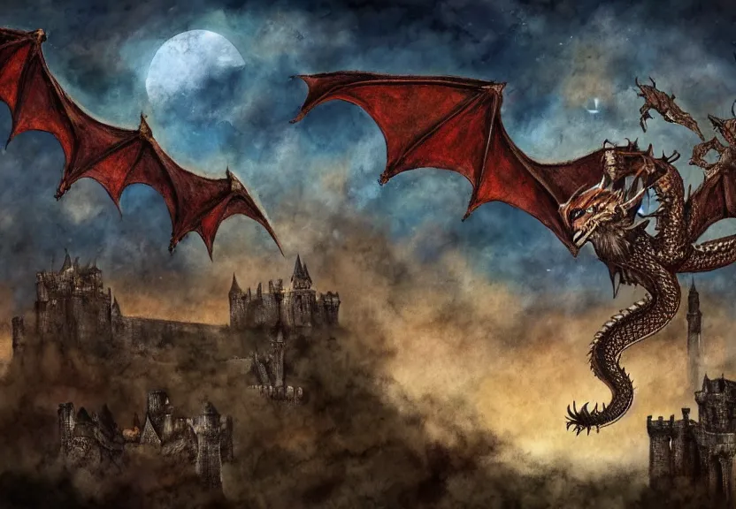 Prompt: dragon possum flying over a medieval castle under a dark starred sky, dark fantasy, watercolor, dreaming illusion, highly detailed, 4k, trending on Artstation, award-winning