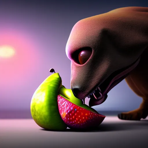 Prompt: beautiful digital fantasy illustration of alien fruit, a creepy dog attacking a stuffed animal, octane render, detail texture, unreal engine, 8 k, photographic quality, ultra hyper realistic quality