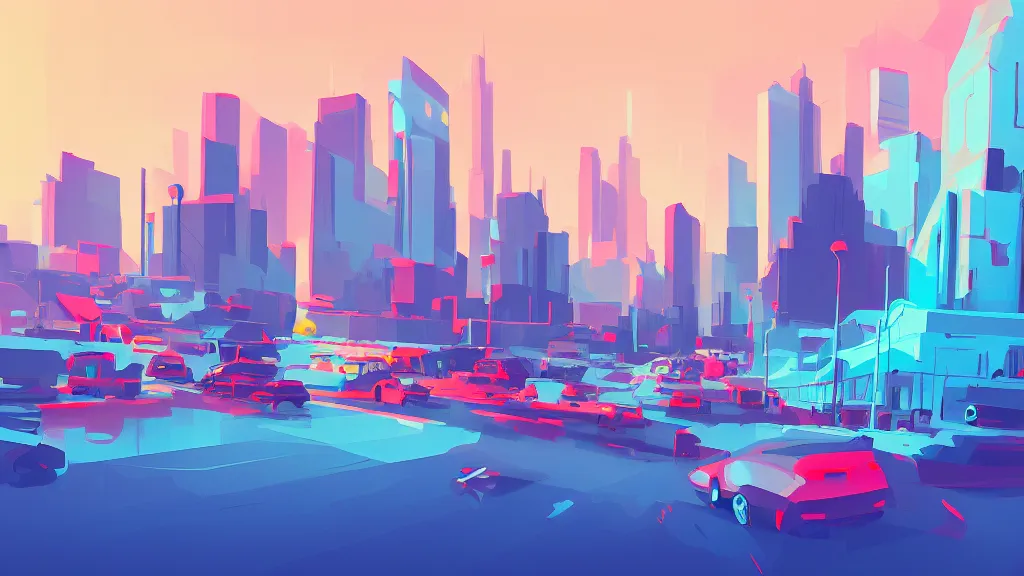 Prompt: downtown traffic, buildings, and lake, by anton fadeev