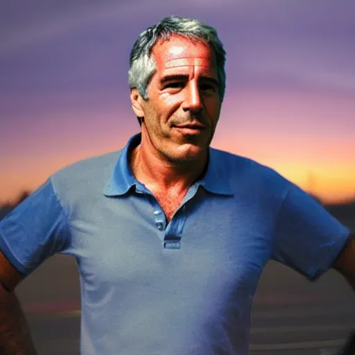 Image similar to aesthetic illustration of jeffrey epstein, wearing a dark blue polo shirt, standing near fighter jet on an empty runway at dusk, high detail, volumetric lights, pinterest wallpaper