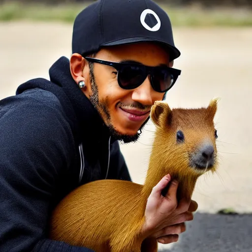 Image similar to an award winning photo of lewis hamilton holding a baby capybara, 4 k