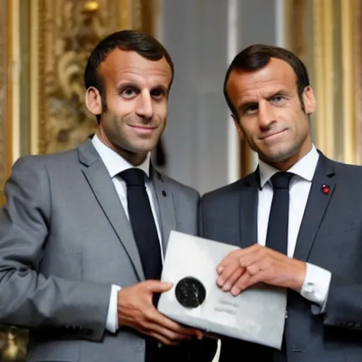 Prompt: Emmanuel Macron giving a briefcase of money to Walter White