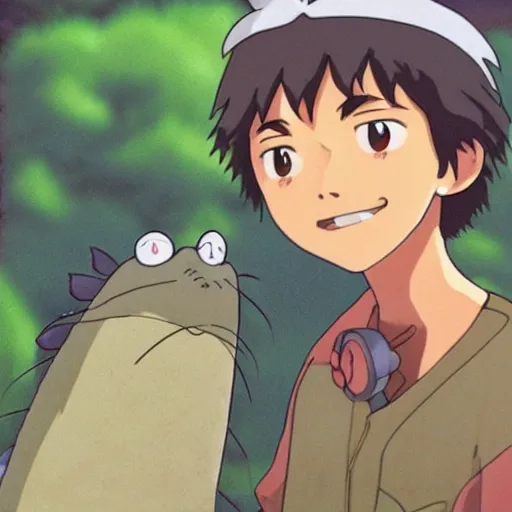 Prompt: Guy slighty smile and small creature, made by Studio Ghibli highly detailed art, beautiful scene, sharp focus, smooth