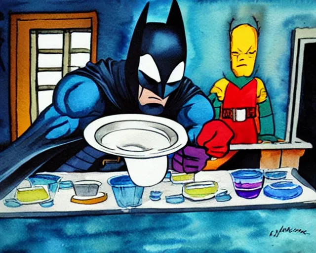 Prompt: Batman washing dishes, bright and cheery watercolor painting