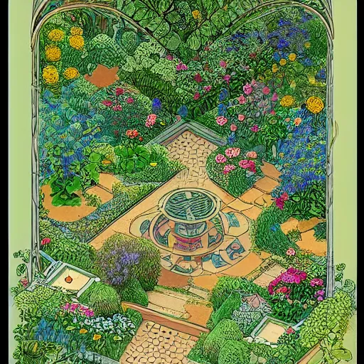 Image similar to an illustration of a beautiful garden, isometric view, painted by moebius and james jean