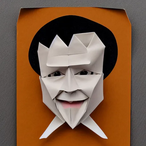 Prompt: an origami portrait of a caucasian man with wavey short hair, friedly smile, raised eyebrows