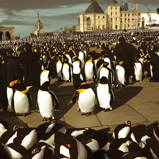 Prompt: penguins capturing Pope John Paul the second from Peter's square