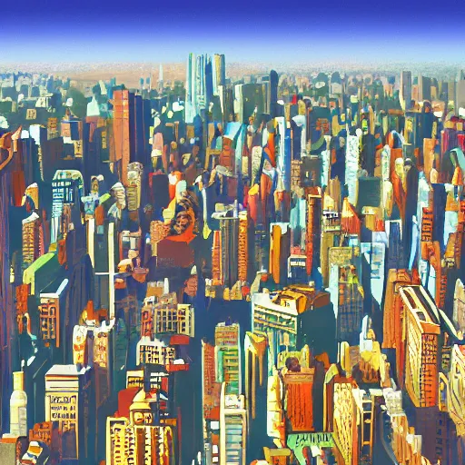 Image similar to City, Landscape, Style of Alex Ross, Digitally hand-painted, colour