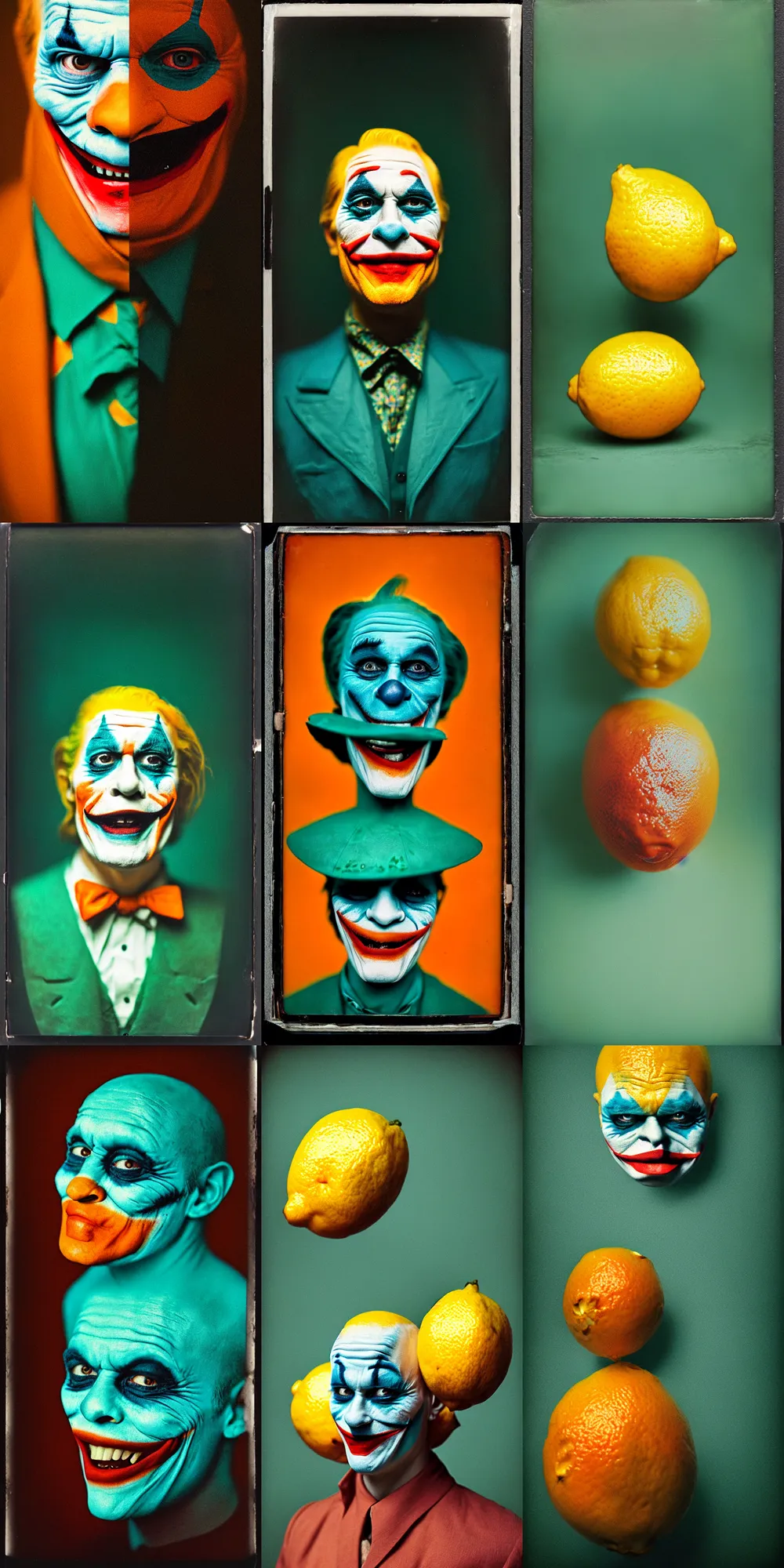 Image similar to kodak portra 4 0 0, wetplate, 8 k, shot of a highly detailed, britt marling style, colour still - life portrait of a lemon looks like 1 9 9 9 joker, teal and orange, muted coloures