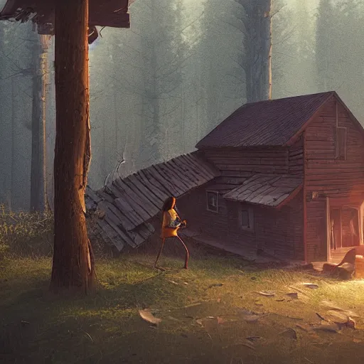 Prompt: woman leaving her wooden broken house by simon stålenhag, very highly detailed, award winning, rendered by Beeple, by Makoto Shinkai, syd meade, starwars, space art concept, digital art, unreal engine, blender, WLOP, trending on artstation, 4K UHD image, octane render