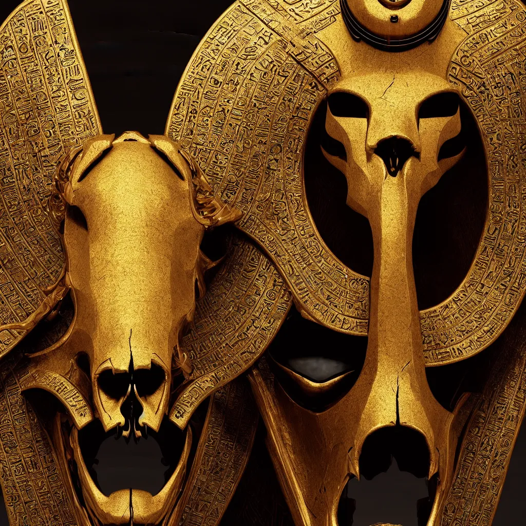 Prompt: Photorealistic epic egyptian god face portrait ram skull, jackal skull, gold. ominous, ancient magic, intricate artwork by Tooth Wu and beeple and Jake Baddeley. octane render, trending on artstation, greg rutkowski very coherent symmetrical artwork. cinematic, hyper realism, high detail, octane render, 8k