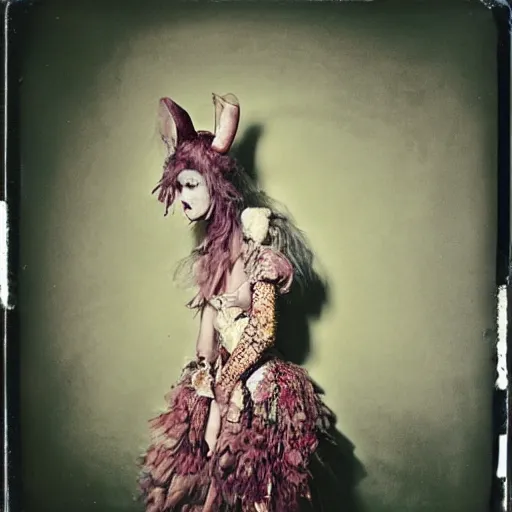 Prompt: damaged kodak portra 4 0 0, wetplate, photo of a surreal artsy dream scene,, very beautiful model, weird fashion, grotesque, extravagant dress, strange pose, carneval, with an animal, wtf, photographed by paolo roversi style