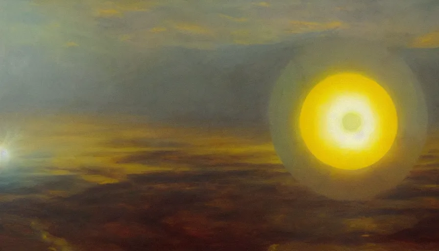 Image similar to the sun being blocked by a hexagon, earth in the foreground, oil painting