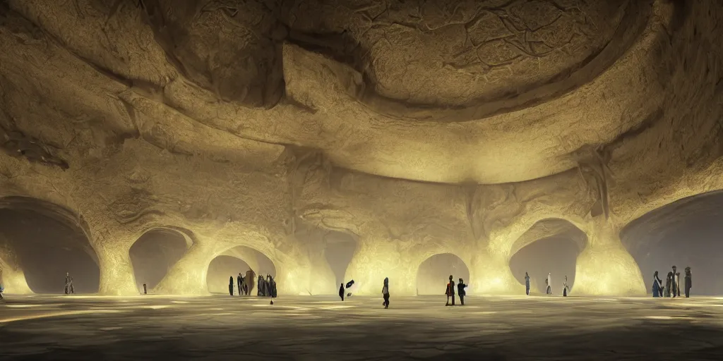 Image similar to Photorealistic exterior of a minimalist design mosque in giant glowing mushroom underworld dark cave, with domes and arches, people and androids wearing traditional japanese clothing. photorealism, UHD, amazing depth, glowing, golden ratio, 3D octane cycle unreal engine 5, volumetric lighting, cinematic lighting, cgstation artstation concept art