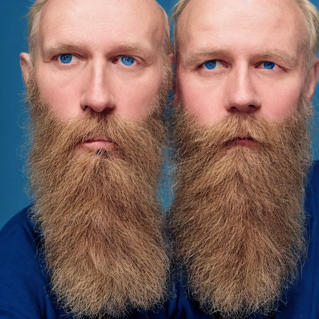 Image similar to color 35mm film still of a balding, middle aged blond man with a full blond beard and dark blue eyes, figure portrait