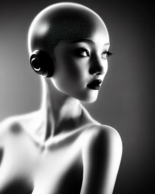 Prompt: black and white dreamy young beautiful female artificial intelligence, cyborg, cinematic, rim light, bokeh, photo - realistic, elegant, high detail, 8 k, masterpiece, photo taken in 1 9 3 0