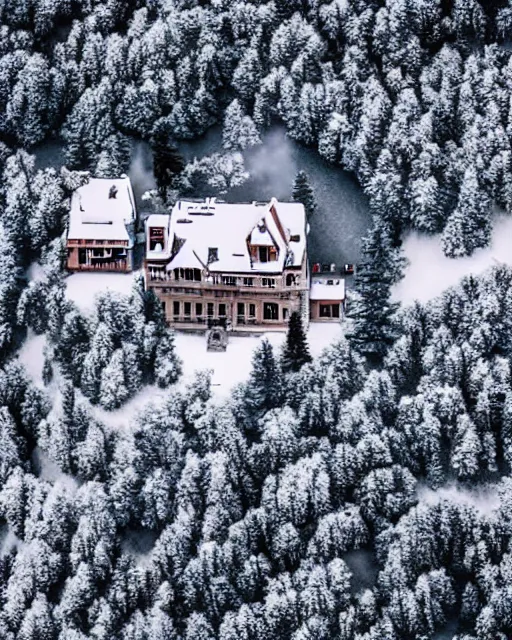 Prompt: mansion in the snowy alps set on fire, zoomed out, shot from drone, iphone capture, fire