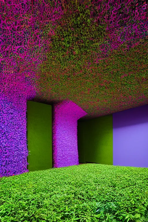 Image similar to colorful James Turrell interiors , overgrown by kudzu vines