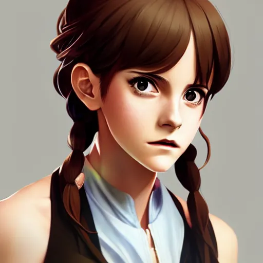 Image similar to anime portrait of emma watson as an anime girl by Stanley Artgerm Lau, WLOP, Rossdraws, James Jean, Andrei Riabovitchev, Marc Simonetti, and Sakimichan, trending on artstation