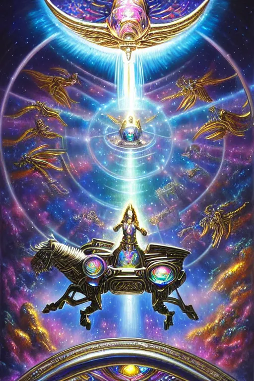 Prompt: a photorealistic detailed cinematic image of iridescent metallic futuristic guardian warrior spirits flying chariot guiding a departed soul crossing the ornate portal to the afterlife. powerful, triumph, glory, astonishing, met by friends and family, overjoyed, by pinterest, david a. hardy, kinkade, lisa frank, wpa, public works mural, socialist