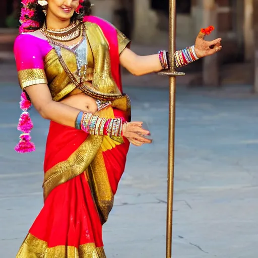 Prompt: beautiful Indian goddess dancing on a poll