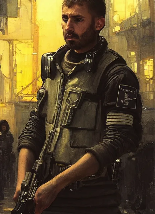 Prompt: 🤿🎧🚧 cyberpunk police trooper in a military vest ( blade runner 2 0 4 9, cyberpunk 2 0 7 7 ). orientalist portrait by john william waterhouse and james gurney and theodore ralli and nasreddine dinet, oil on canvas. cinematic, hyper realism, realistic proportions, dramatic lighting, high detail 4 k