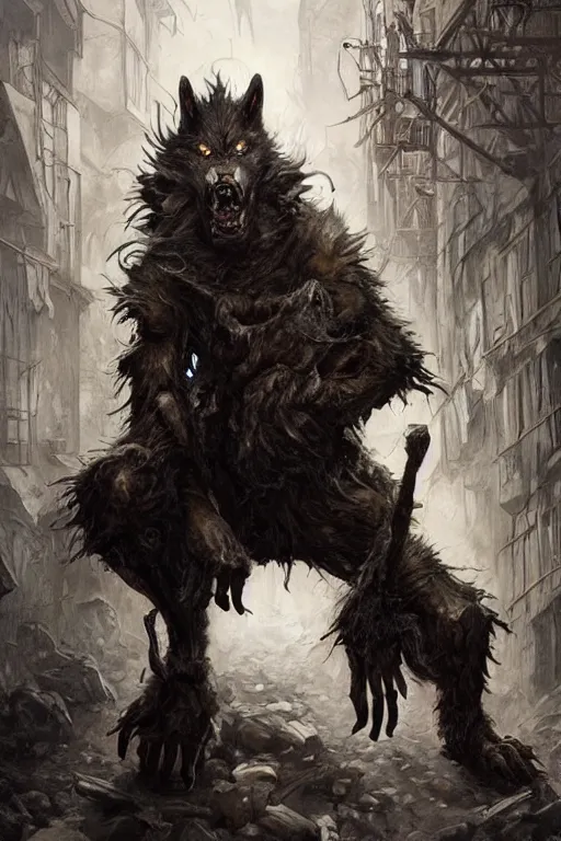 Prompt: a werewolf crouching in an alley, gothic, torn leather coat, intricate, elegant, dramatic lighting, ugly face, highly detailed, lifelike, photorealistic, digital painting, artstation, illustration, concept art, smooth, sharp focus, art by John Collier and Albert Aublet and Krenz Cushart and Artem Demura and Alphonse Mucha