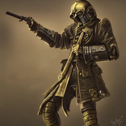 Image similar to an excited Death Korps of Kreig soldier wearing grey and wielding a shovel waving his arms in the air. Trending on Artstation