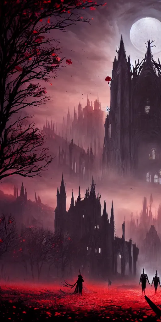 Image similar to abandoned bloodborne old valley with a obscure person at the centre and a ruined gothic city in the background, trees and stars in the background, falling red petals, epic red - orange moonlight, perfect lightning, wallpaper illustration by niko delort and kentaro miura, 4 k, ultra realistic