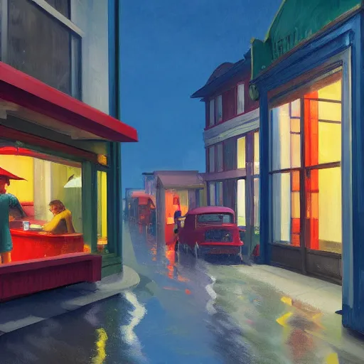 Prompt: a photorealistic digital rendering of a rain soaked shanty town at night by Edward Hopper and James Gilleard, oil painting