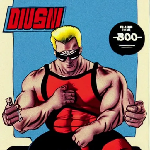 Prompt: Duke Nukem doing the Bateman stare, red tank-top, Duke Nukem 90s cover art