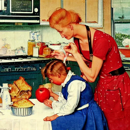 Prompt: housewife putting a hot apple pie on kitchen table, blue dress, apron, giving the middle finger to her husband, 2 children eating, artwork of norman rockwell