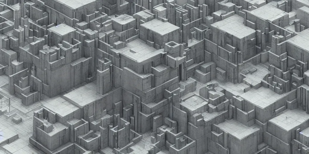 Image similar to cube city, realistic, highly detailed, concrete architecture,