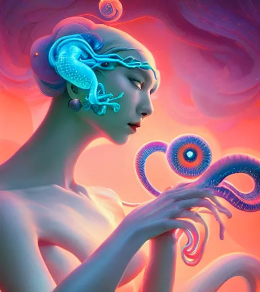Prompt: harmony of neon glowing coral, tentacles, dynamic pose, white iris, alien mermaid portrait by wlop, james jean, victo ngai, muted colors, highly detailed, fantasy art by craig mullins, thomas kinkade,
