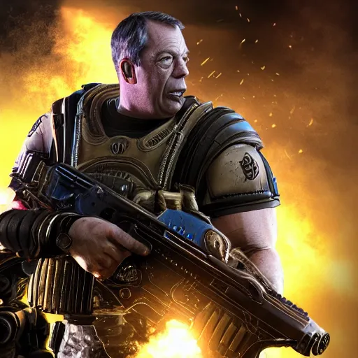 Image similar to Portrait of Nigel Farage in Gears of War, splash art, movie still, cinematic lighting, dramatic, octane render, long lens, shallow depth of field, bokeh, anamorphic lens flare, 8k, hyper detailed, 35mm film grain