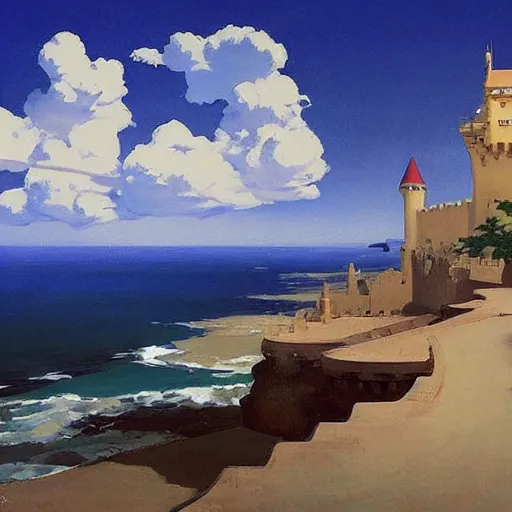 Image similar to castle on sea, moon, DARK SCHEME, by studio ghibli painting,by Joaquin Sorolla rhads Leyendecker, by Ohara Koson and Thomas, cloud.