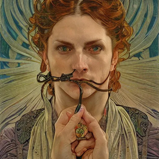 Image similar to hannibal lector, in the style of donato giancola, and in the style of vanessa lemmen, and in the style of alphonse mucha. symmetry, smooth, sharp focus, semi - realism, intricate detail.