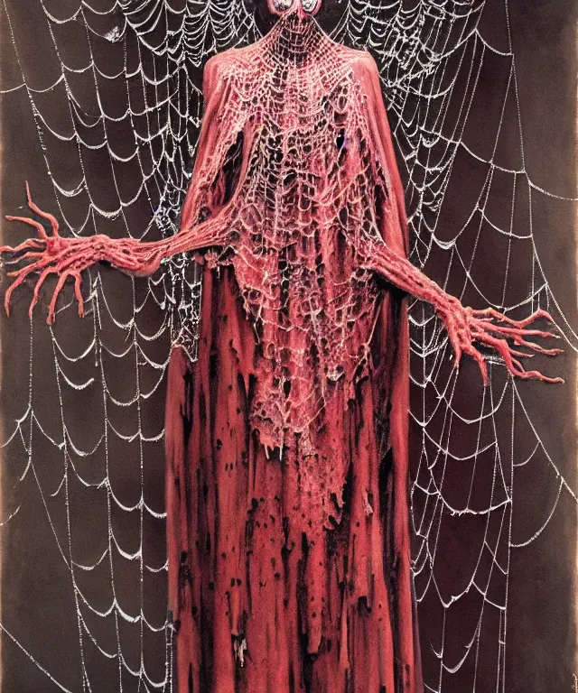 Image similar to a detailed creepy woman with many spider hands stands among the web. wearing a ripped mantle, robe. perfect faces, extremely high details, realistic, fantasy art, solo, masterpiece, art by hermann nitsch, zdzislaw beksinski, dariusz zawadzki, giger, dragan bibin, ed binkley