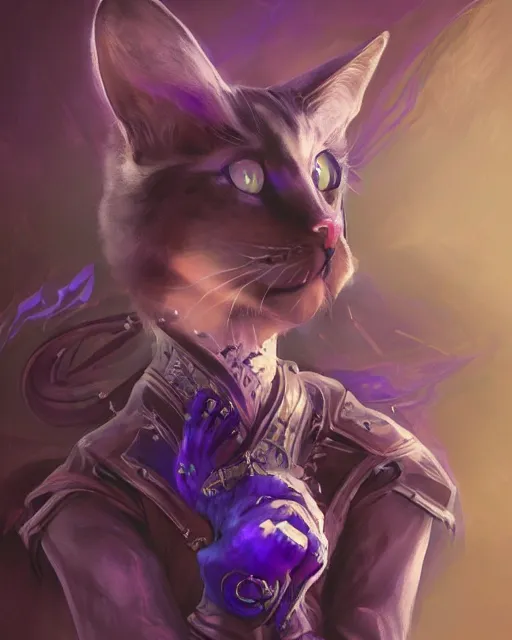 Image similar to Cat Illusionist, portrait, purple and blue, magic the gathering artwork, D&D, fantasy, cinematic lighting, centered, symmetrical, highly detailed, digital painting, artstation, concept art, smooth, sharp focus, illustration, volumetric lighting, epic Composition, 8k, art by Akihiko Yoshida and Greg Rutkowski and Craig Mullins, oil painting, cgsociety