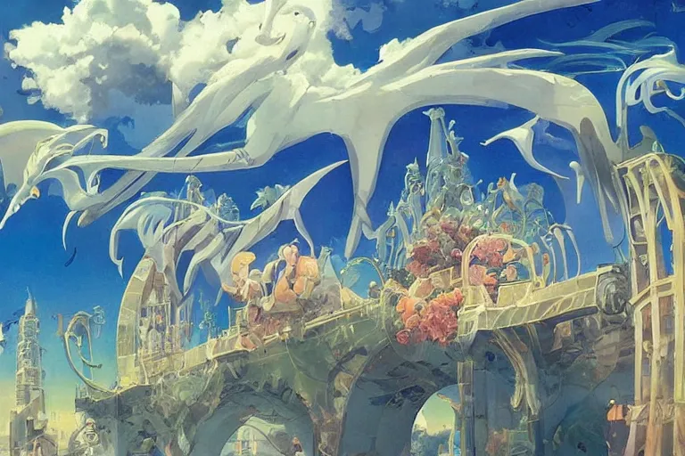 Prompt: Surreal, bridge between the worlds, fairy magnificent, elegant, art nouveau, white sweeping arches, surreal hybrid animals of neon colors in the sky, dramatic lighting, by Studio Ghibli, Brom,