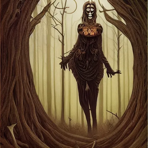 Image similar to an epic horrific wiccan gothic painting of a mother - nature witch cult woman wearing a deer skull, in a moonlit forest by gerald brom by junji ito by vanessa lemen by charlie bowater