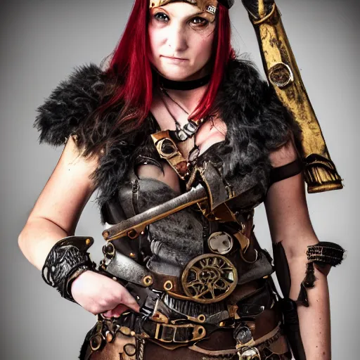 Prompt: photo of a female steampunk barbarian warrior