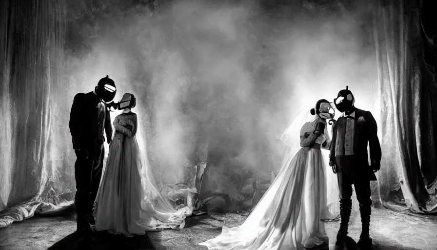 Image similar to disturbing big budget hollywood movie bride and groom wearing gas masks at the marriage of reason and squalor perfect composition dramatic lighting chiaroscuro