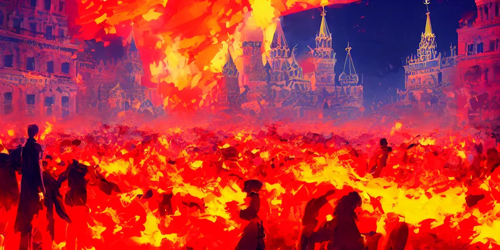 Prompt: high quality picture of burning Red Square in Moscow in flame, rich vivid colors, ambient lighting, dynamic lighting, 4k, HQ, official media, anime key visual, makoto shinkai, ilya kuvshinov, lois van baarle, rossdraws, detailed, trending on artstation