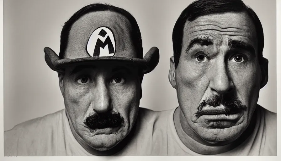 Image similar to portrait of super mario, sad, by irving penn