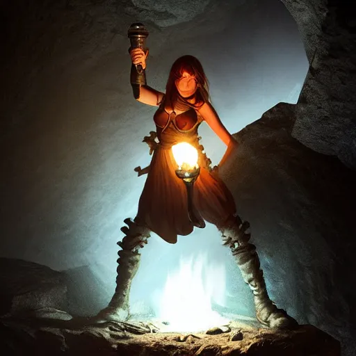 Image similar to a epic hero adventurer holding a torch in a dark cave, artgerm, realistic, cryengine, symmetric